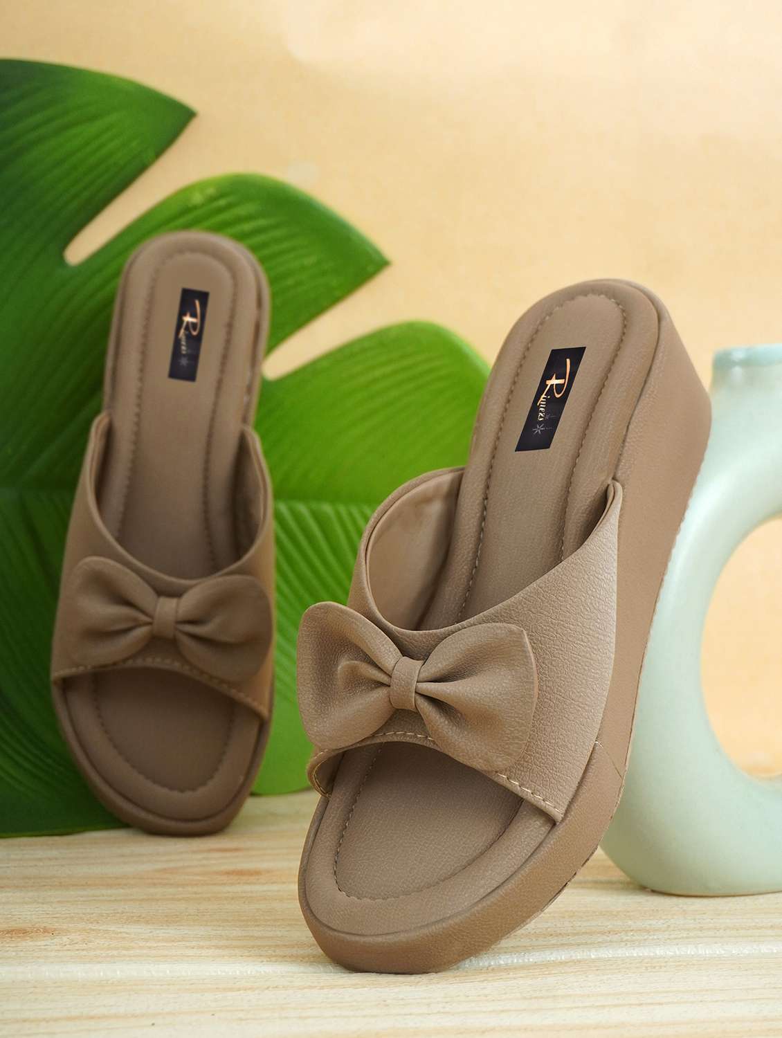 women taupe slip on wedge