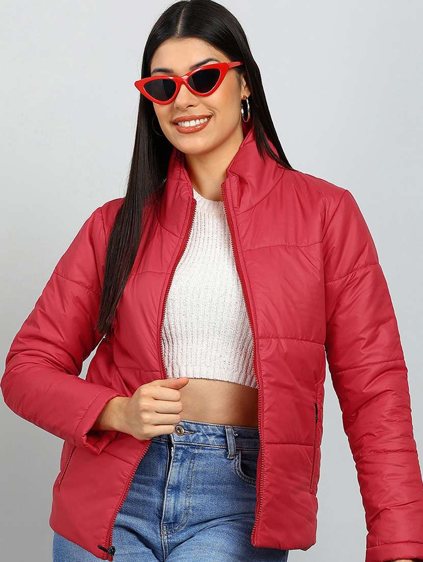 women solid stand collar long sleeve quilted jacket