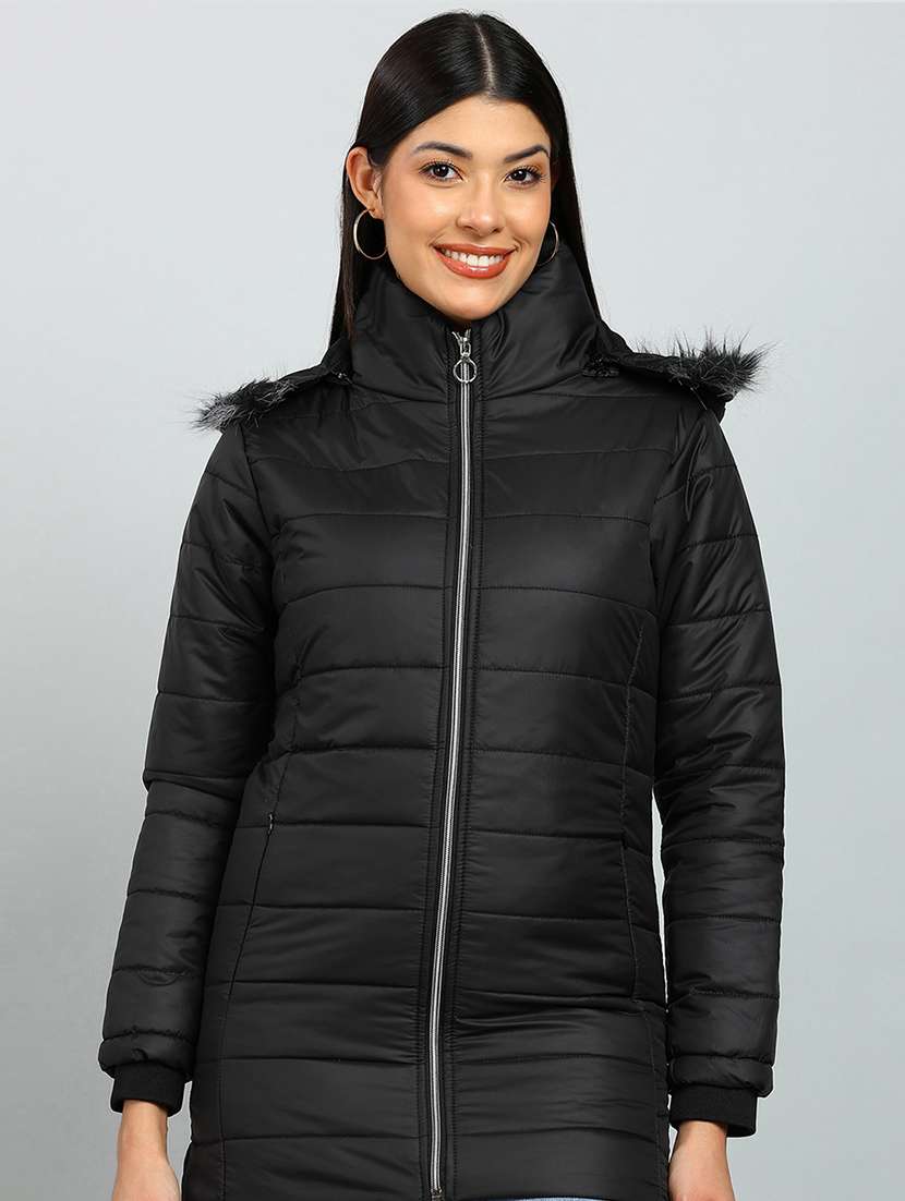 women solid long sleeve hooded quilted jacket