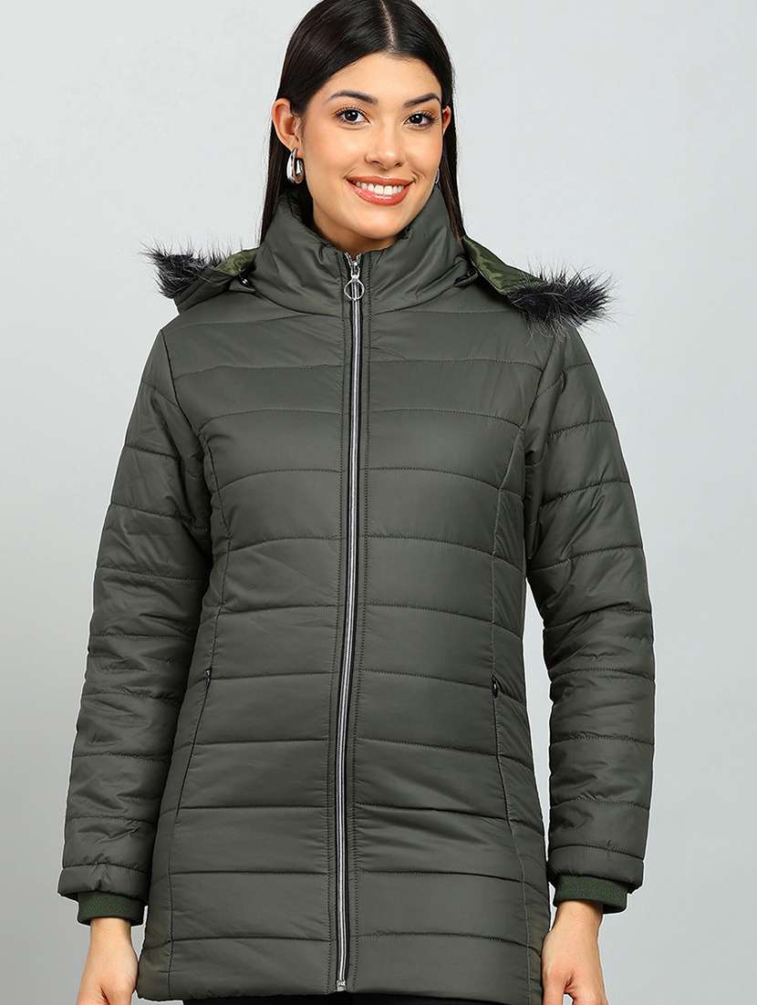 women solid long sleeve hooded quilted jacket
