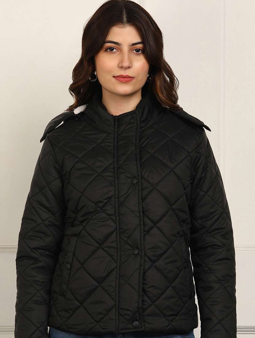 women solid long sleeve hooded quilted jacket