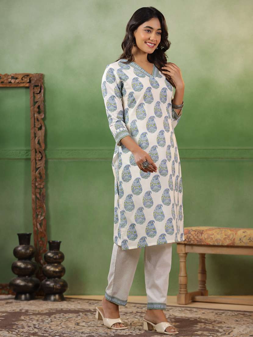 women paisley three quarter sleeve straight kurta - 22142207 -  Standard Image - 2