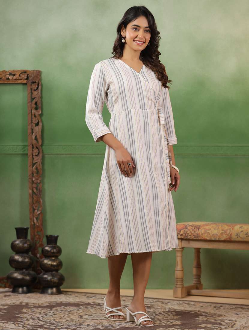women striped three quarter sleeve angrakha ethnic dress - 22142209 -  Standard Image - 2
