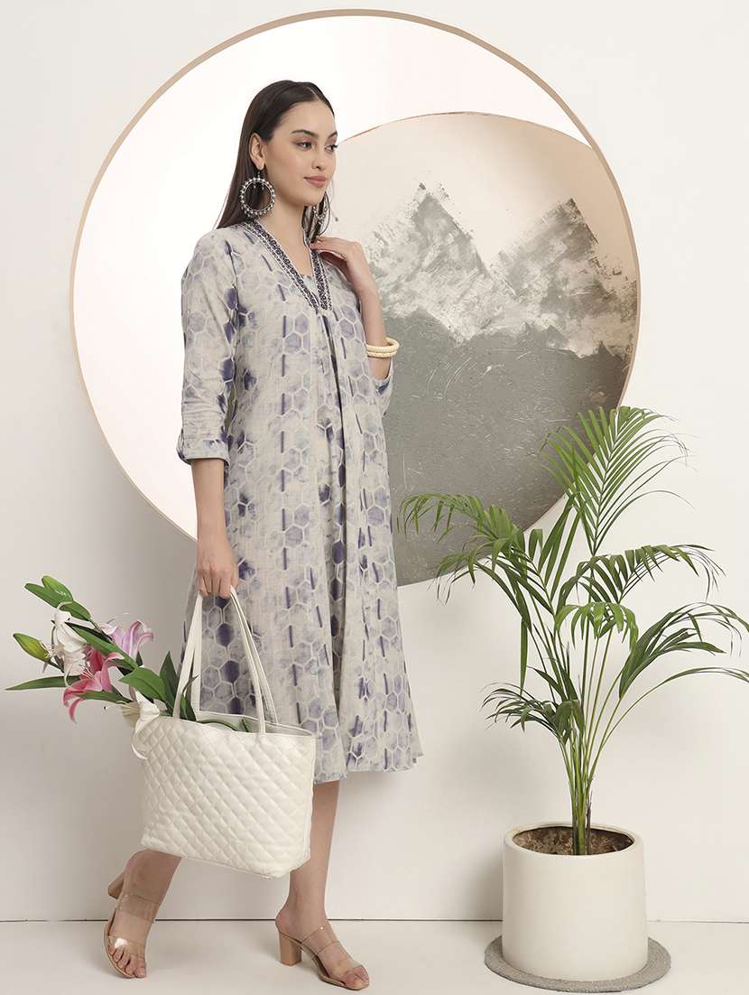 women printed three quarter sleeve a-line ethnic dress - 22142211 -  Standard Image - 2