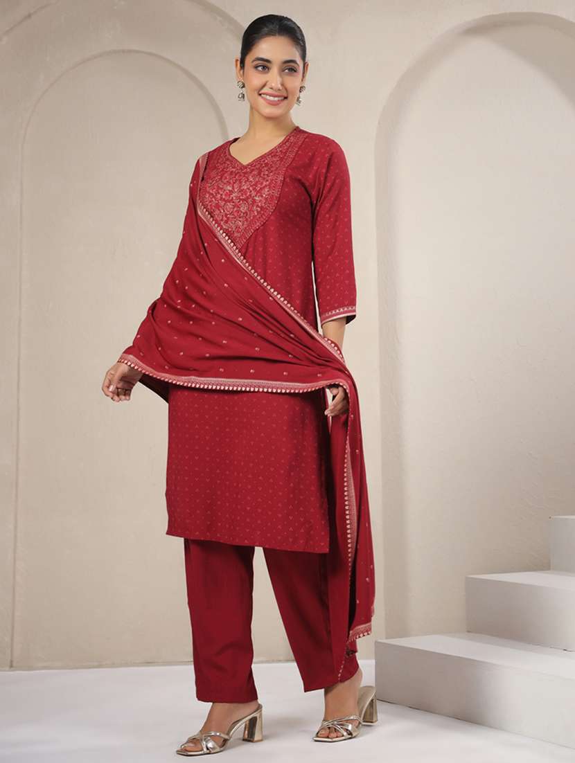 women embroidered three quarter sleeve kurta pant with dupatta set - 22142213 -  Standard Image - 2