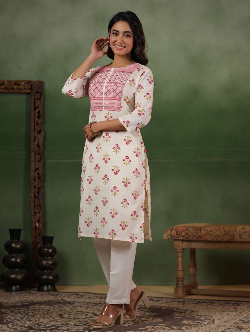 women floral three quarter sleeve straight kurta - 22142214 -  Standard Image - 2