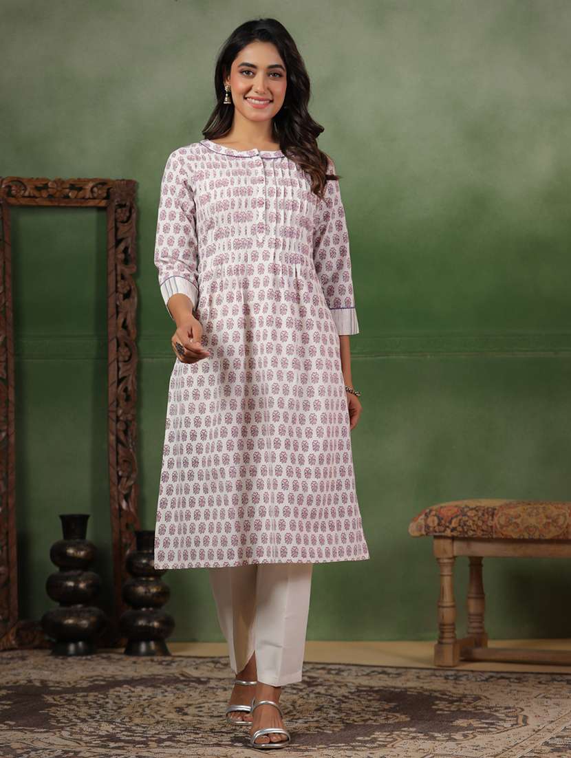 women printed three quarter sleeve a-line kurta