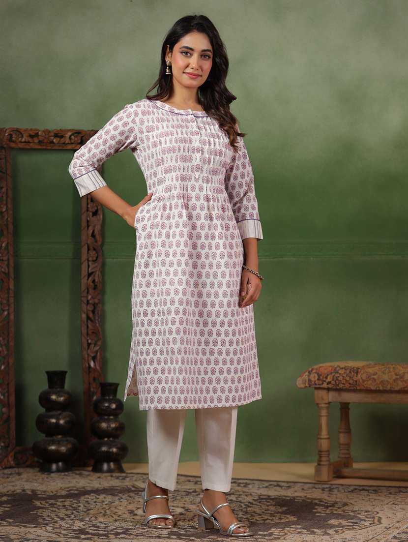 women printed three quarter sleeve a-line kurta - 22142216 -  Standard Image - 2