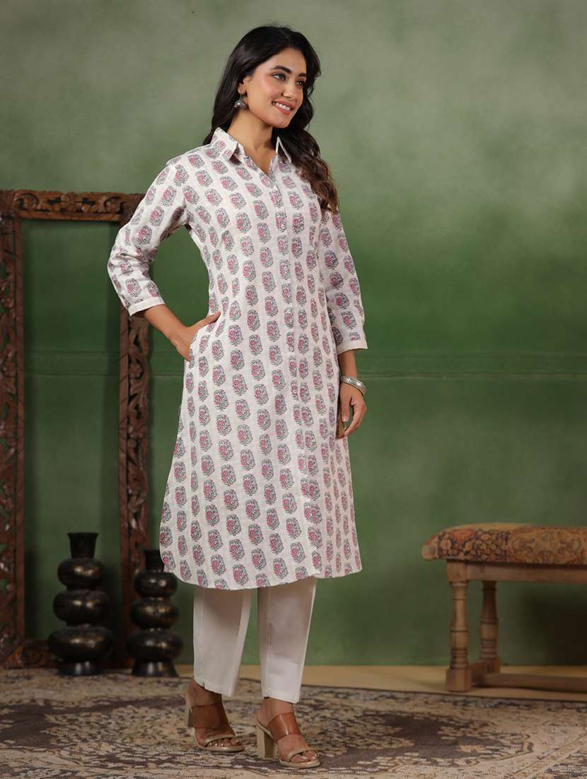 women floral three quarter sleeve a-line kurta - 22142217 -  Standard Image - 2