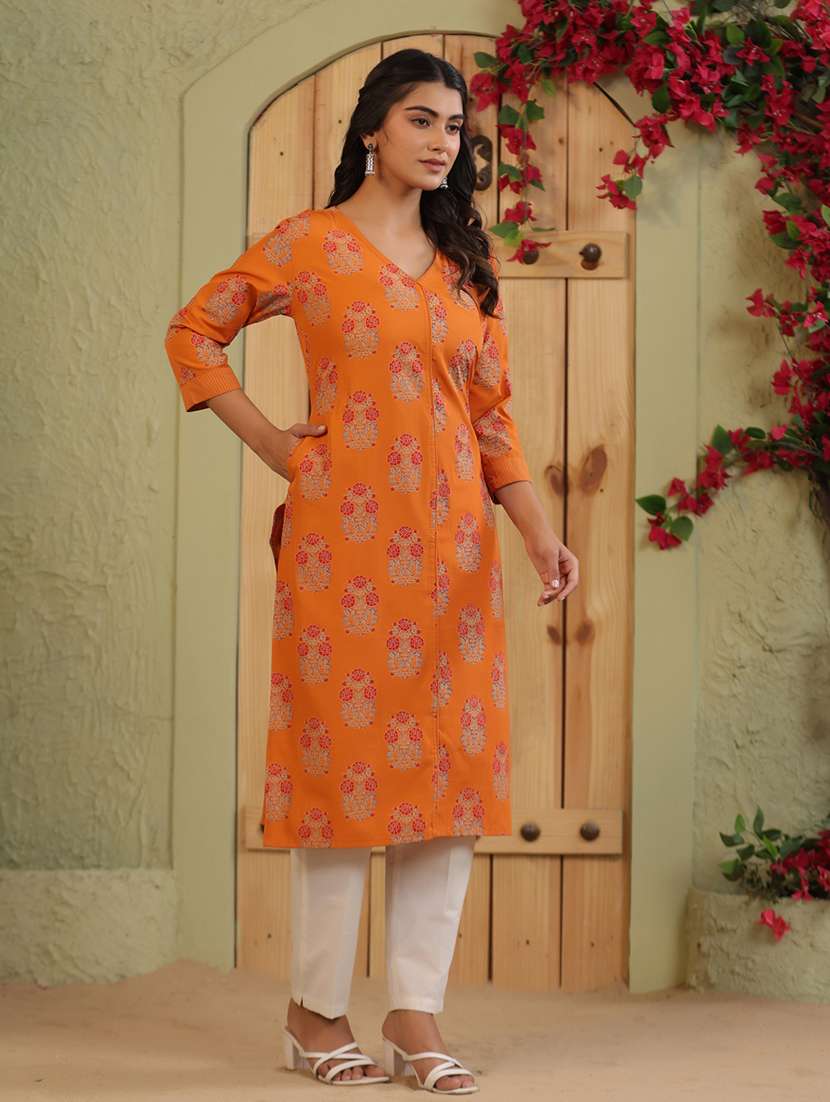 women floral printed three quarter sleeve straight kurta - 22142228 -  Standard Image - 2