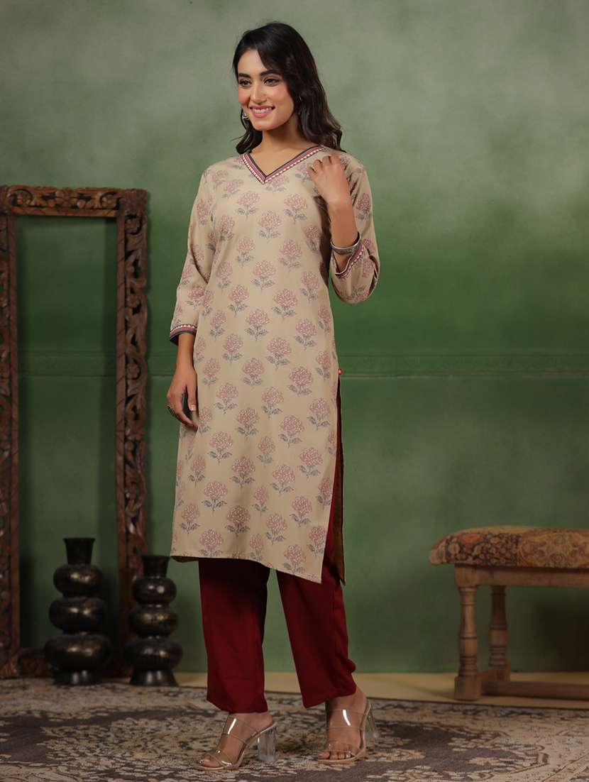 women printed three quarter sleeve straight kurta - 22142231 -  Standard Image - 2