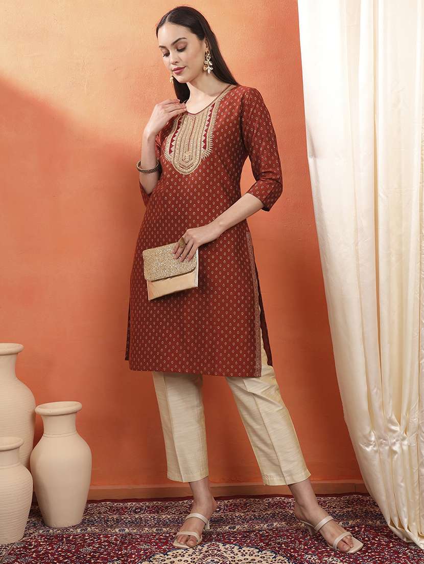 women printed three quarter sleeve straight kurta - 22142236 -  Standard Image - 2