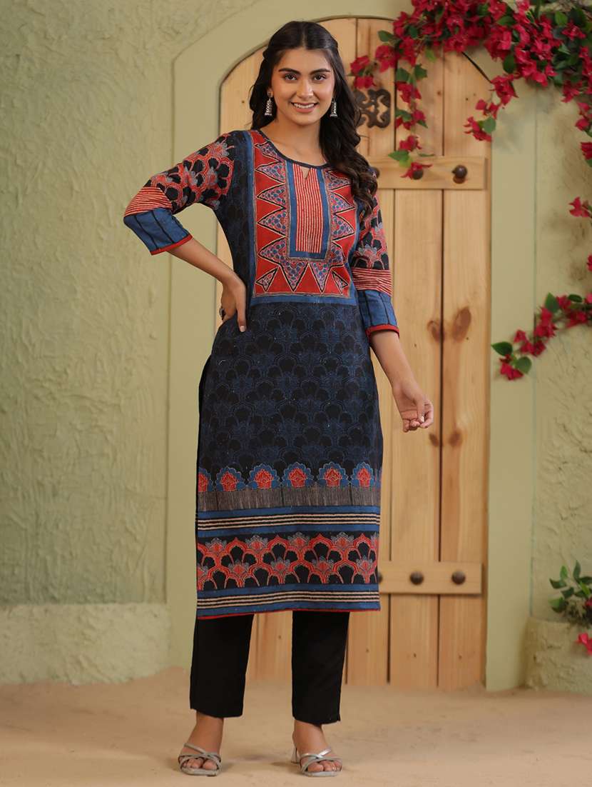 women printed three quarter sleeve straight kurta - 22142240 -  Standard Image - 2