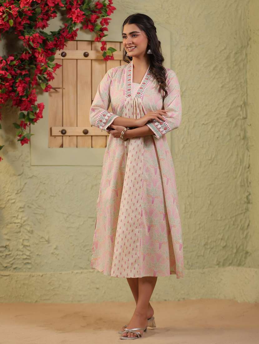 women printed three quarter sleeve a-line ethnic dress - 22142244 -  Standard Image - 2