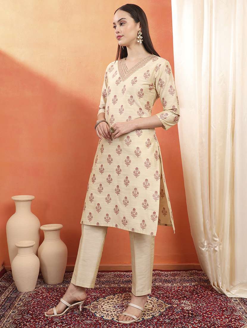 women floral printed three quarter sleeve straight kurta - 22142246 -  Standard Image - 2