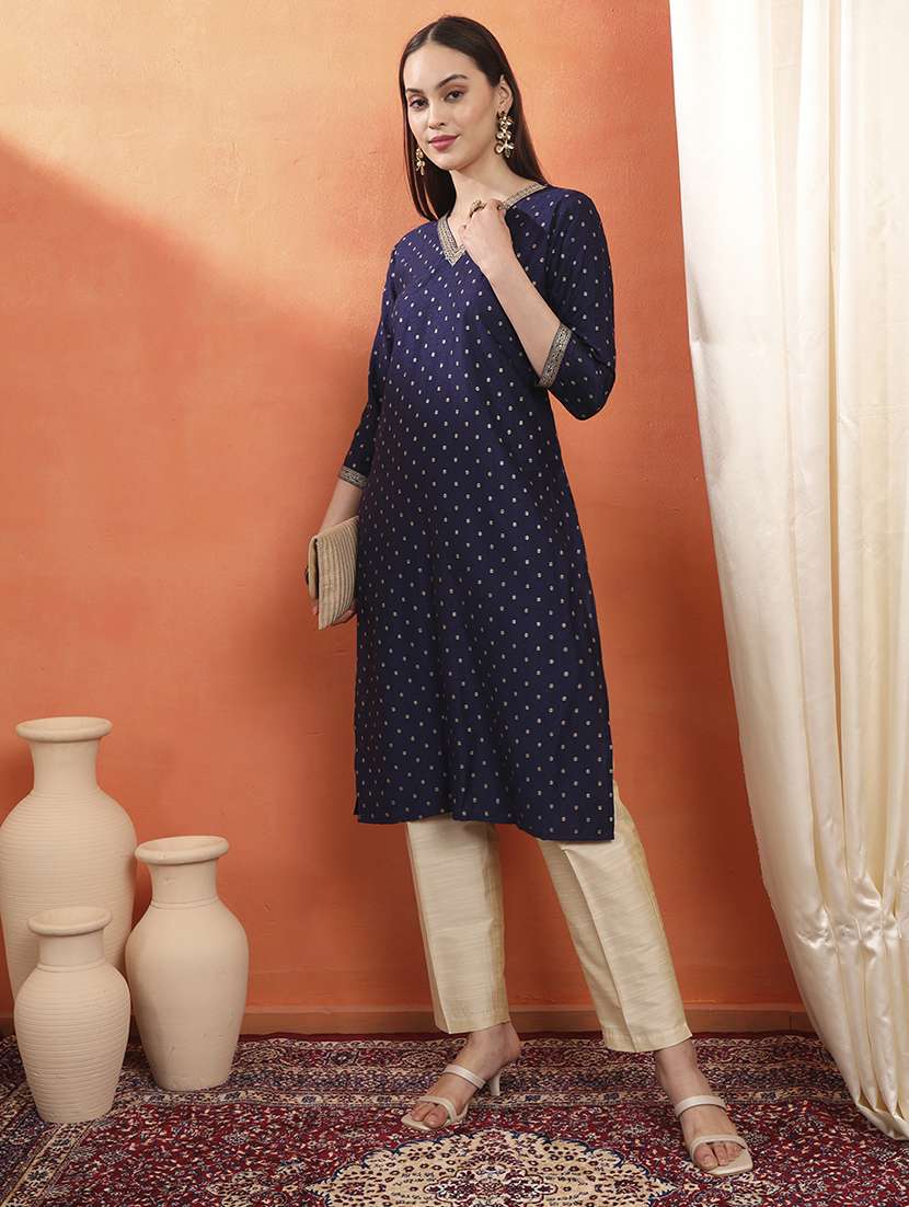 women self design three quarter sleeve straight kurta - 22142249 -  Standard Image - 2