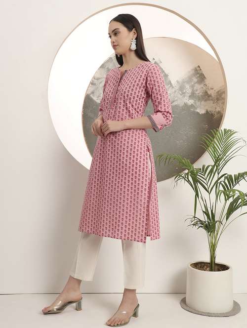 women printed three quarter sleeve straight kurta - 22142251 -  Standard Image - 0