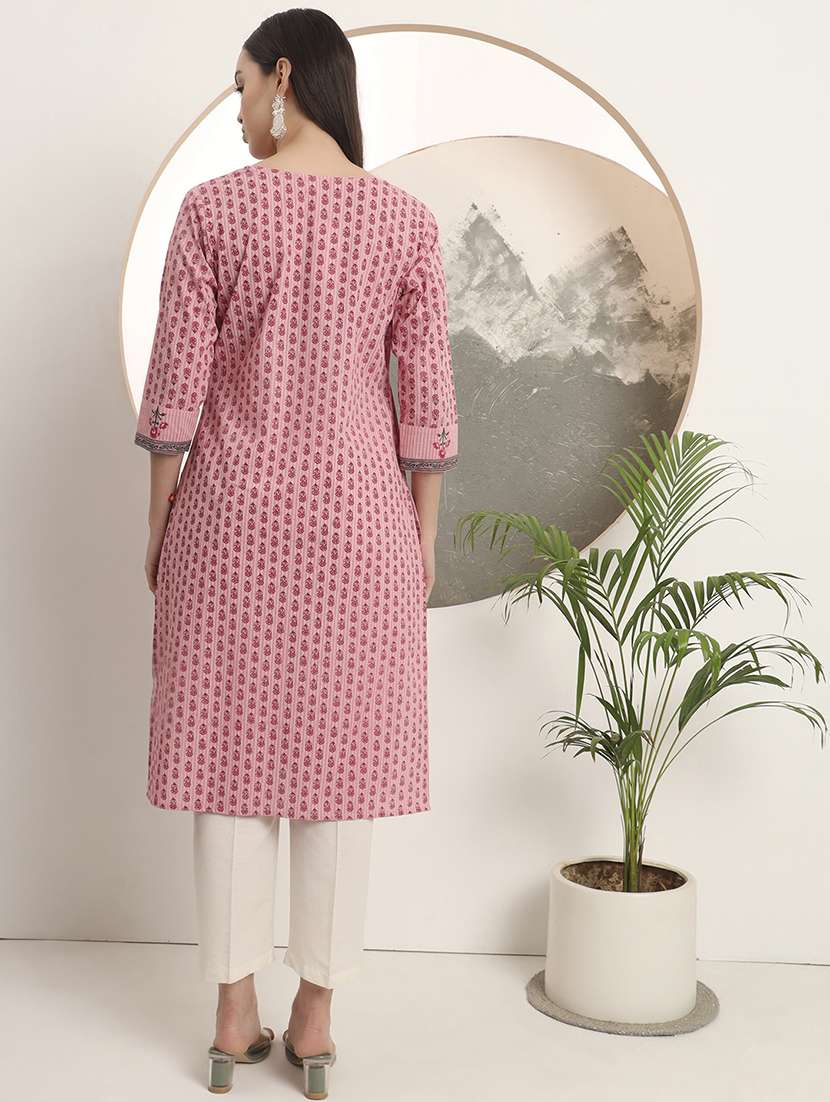 women printed three quarter sleeve straight kurta - 22142251 -  Standard Image - 2