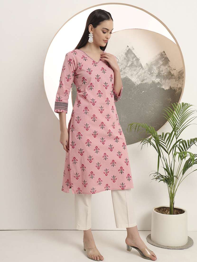 women printed three quarter sleeve straight kurta - 22142252 -  Standard Image - 2