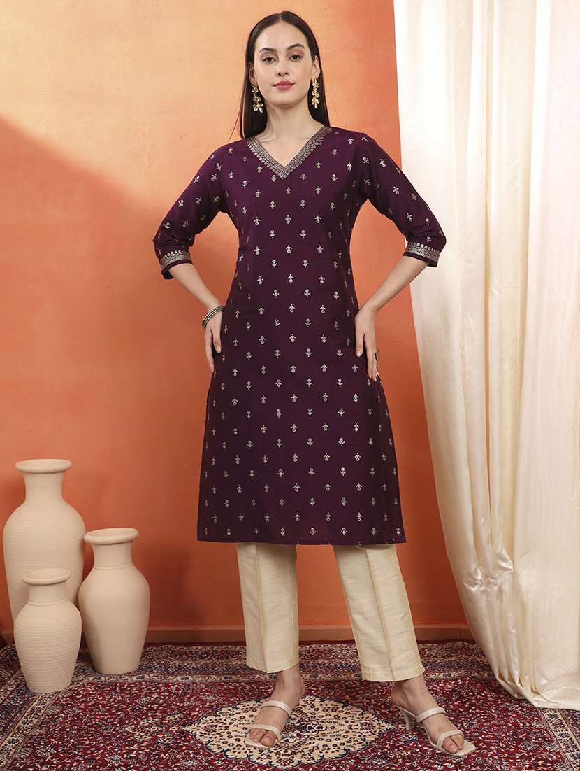women embroidered three quarter sleeve straight kurta