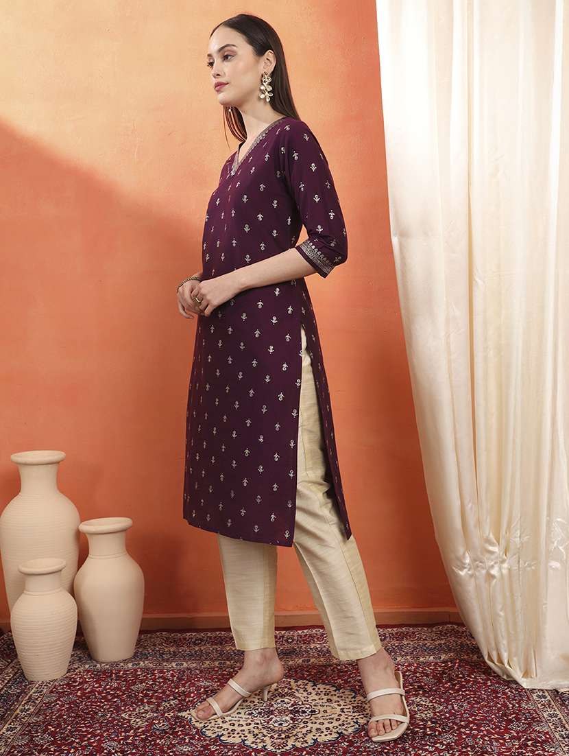 women embroidered three quarter sleeve straight kurta - 22142253 -  Standard Image - 2
