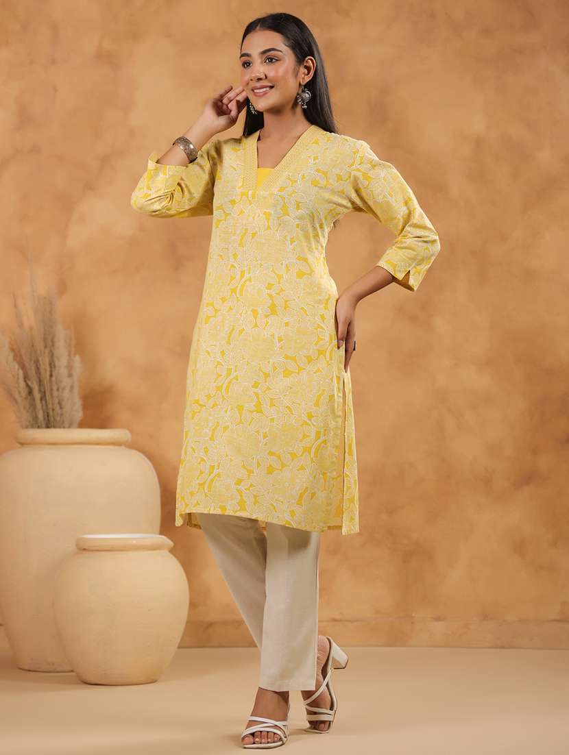 women printed three quarter sleeve straight kurta - 22142259 -  Standard Image - 2