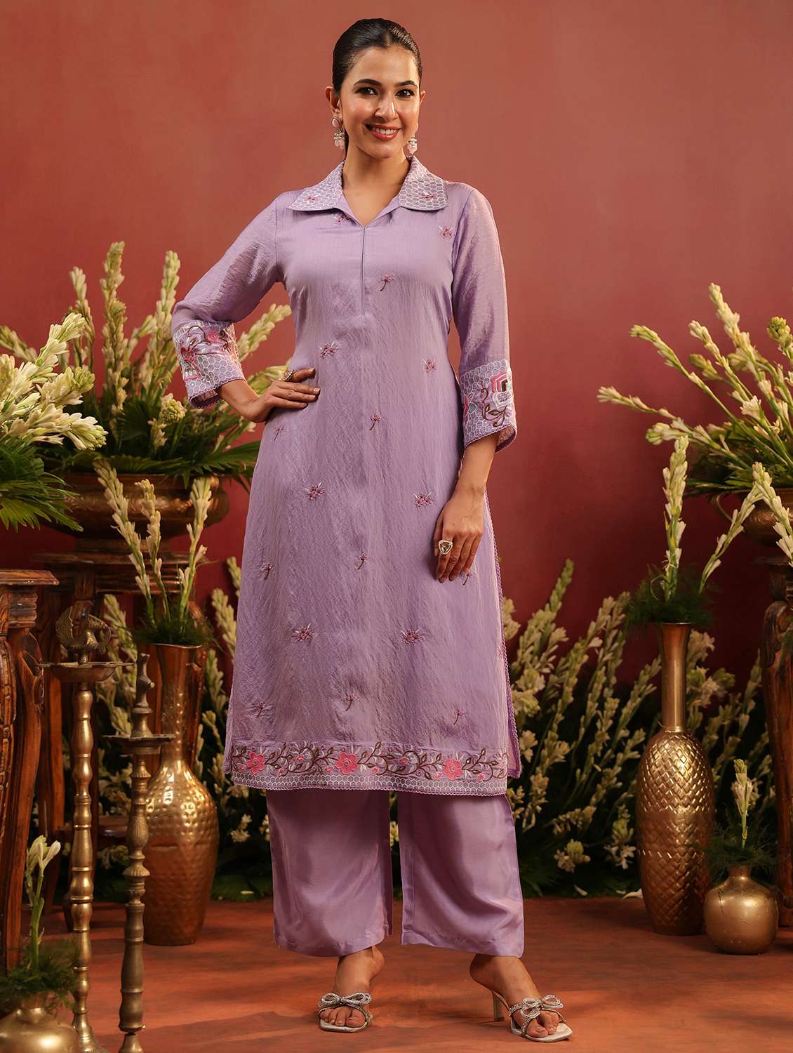 women embroidered three quarter sleeve kurta pant set