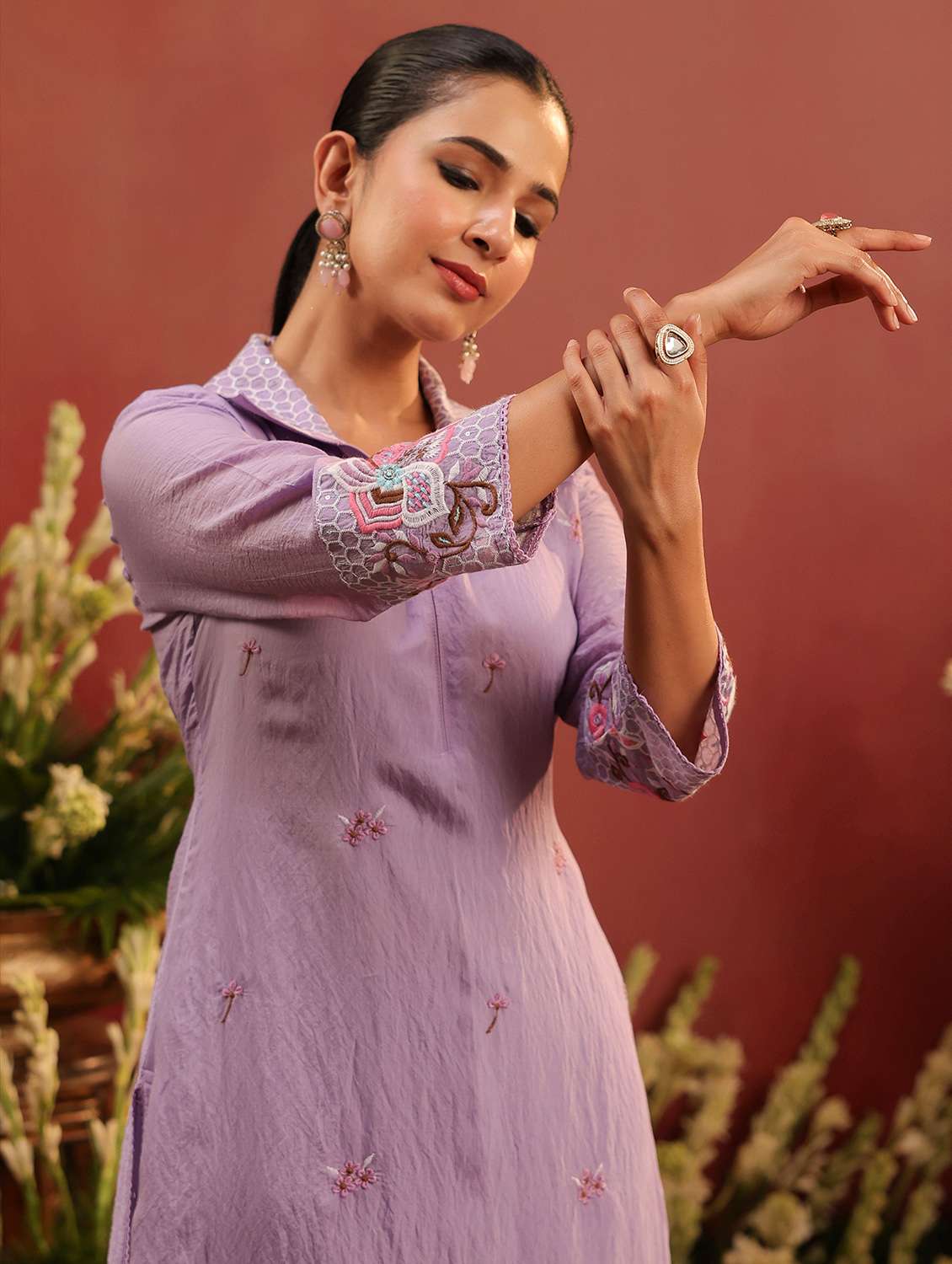 women embroidered three quarter sleeve kurta pant set - 22142264 -  Standard Image - 2