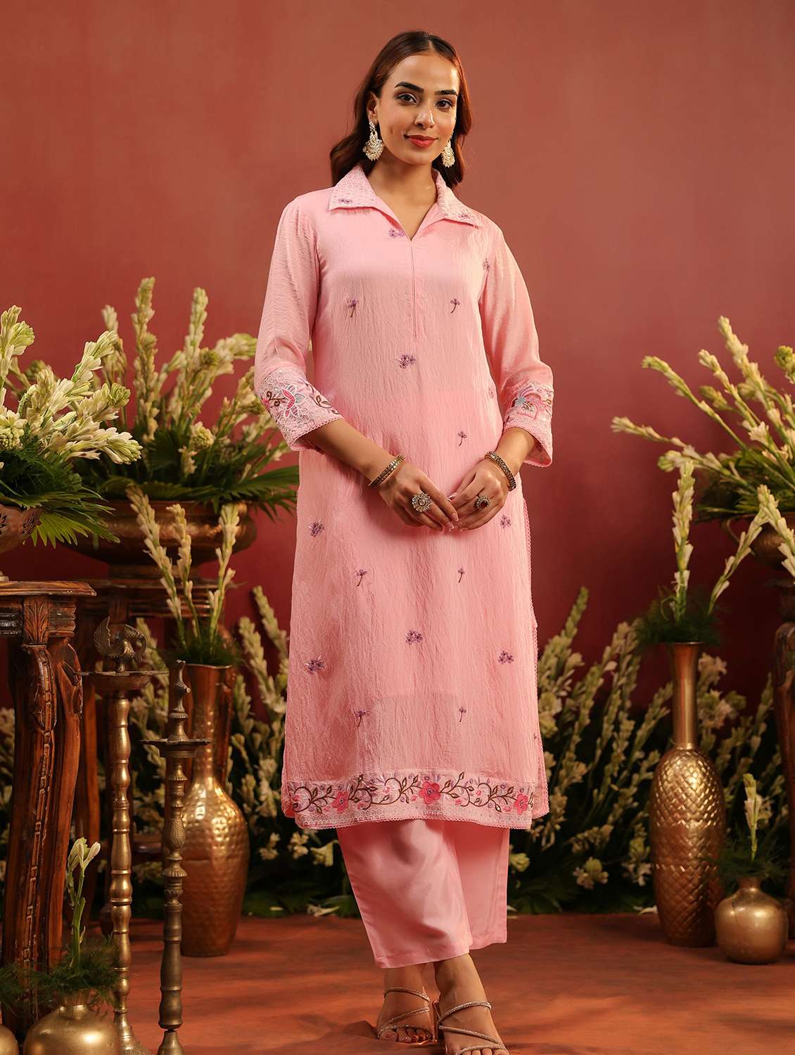 women embroidered three quarter sleeve kurta pant set