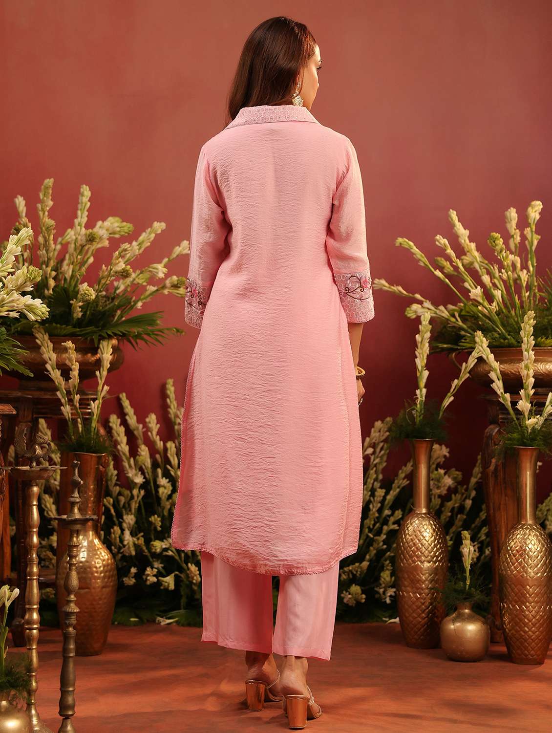 women embroidered three quarter sleeve kurta pant set - 22142265 - Standard Image - 2