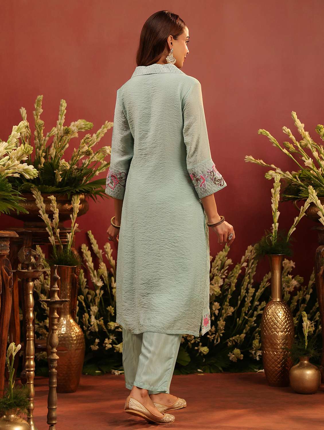 women embroidered three quarter sleeve kurta pant set - 22142266 -  Standard Image - 2