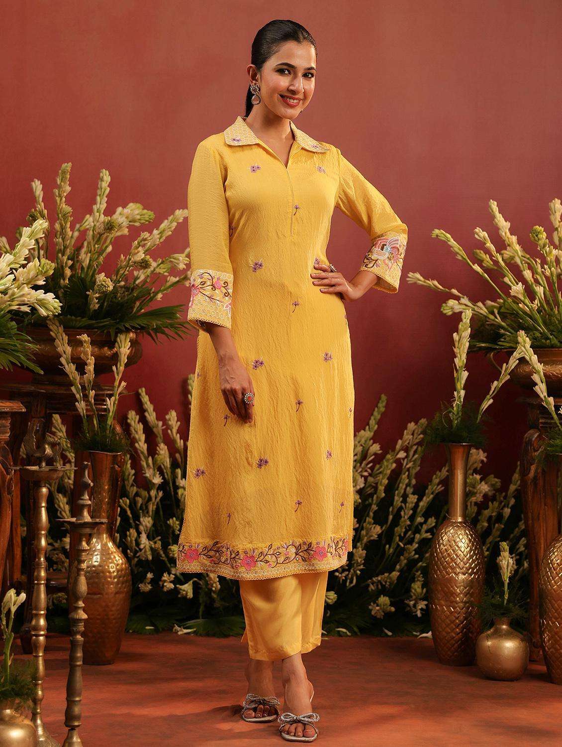 women embroidered three quarter sleeve kurta pant set