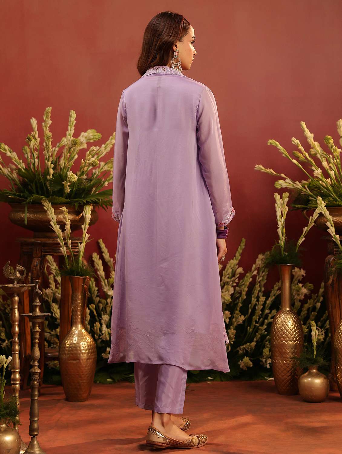 women solid with work long sleeve kurta pant set - 22142268 - Standard Image - 2