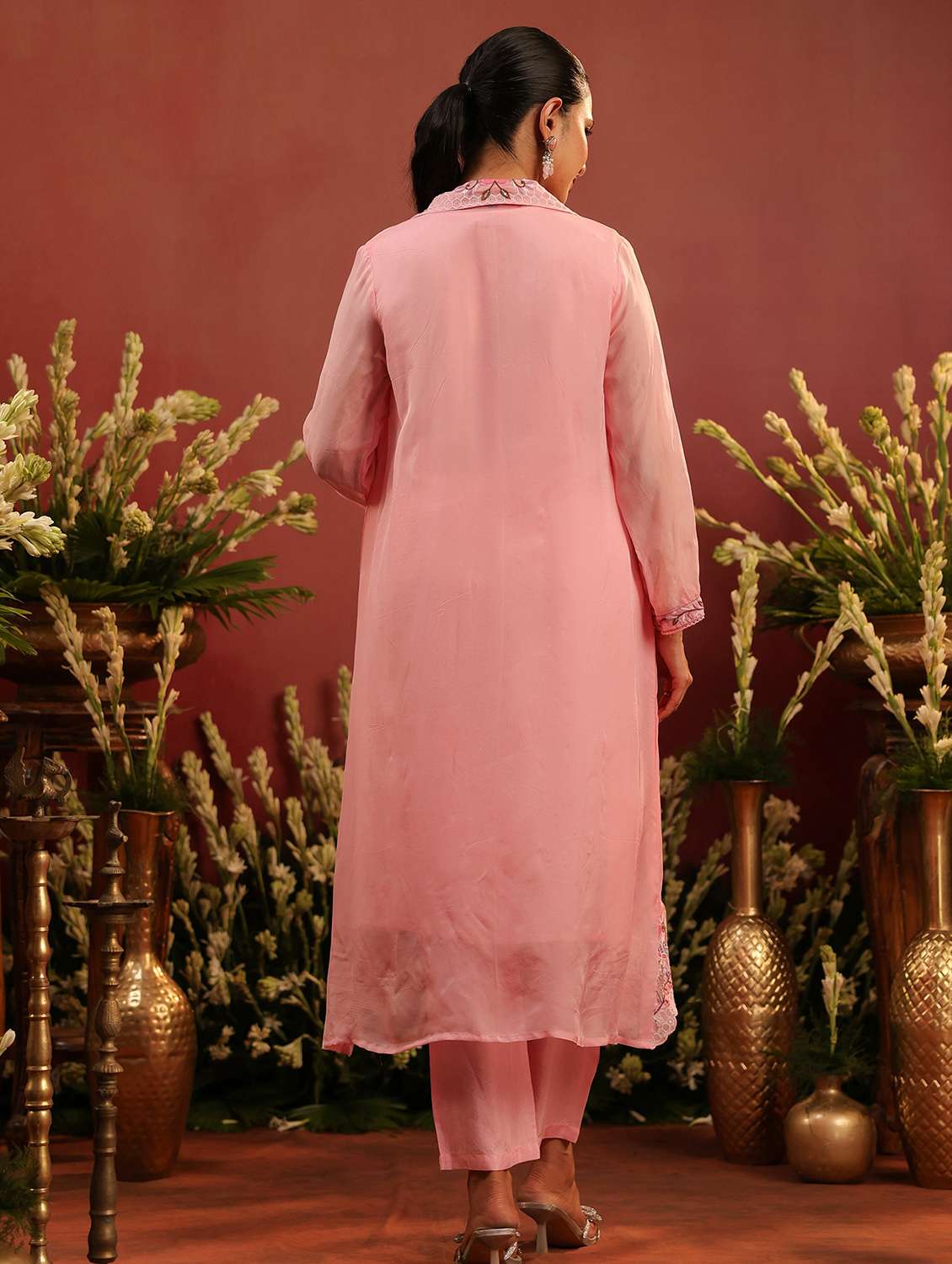 women solid with work long sleeve kurta pant set - 22142269 - Standard Image - 2