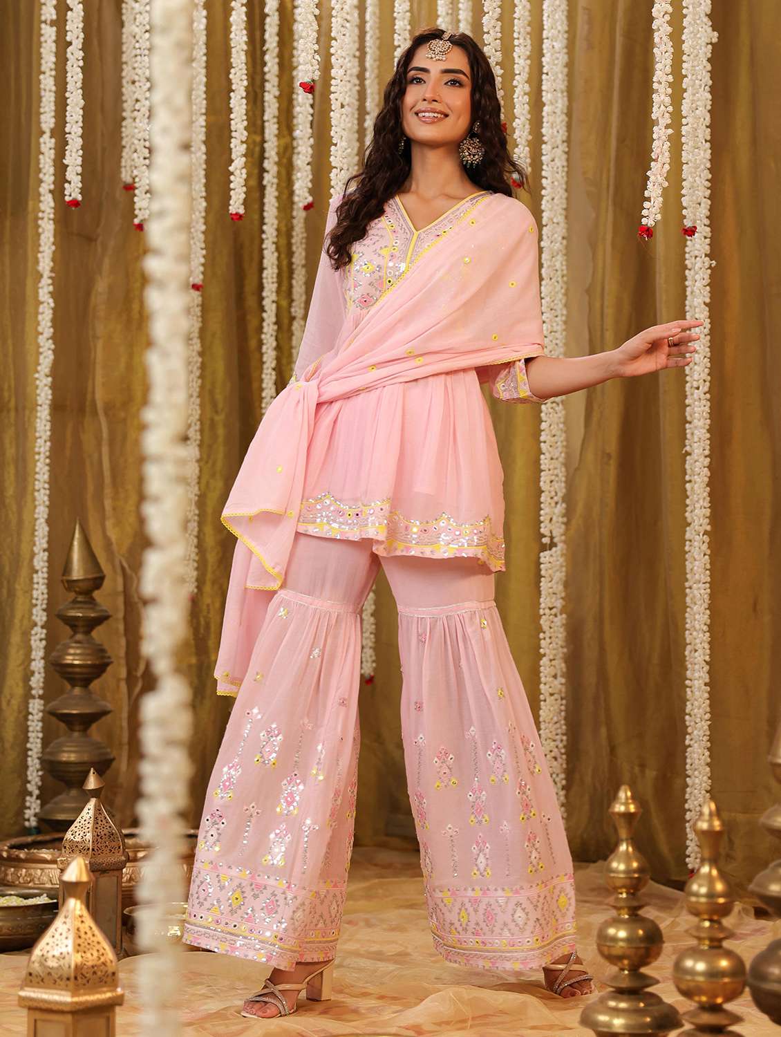 women embroidered three quarter sleeve kurta sharara with dupatta set - 22142275 -  Standard Image - 2