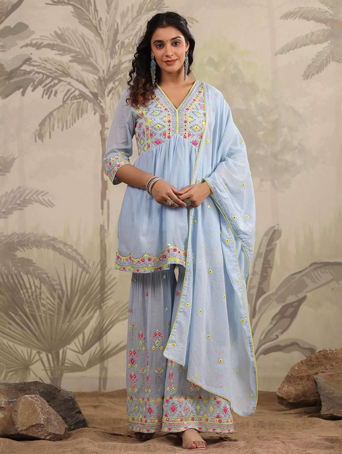 women embroidered three quarter sleeve kurta sharara with dupatta set