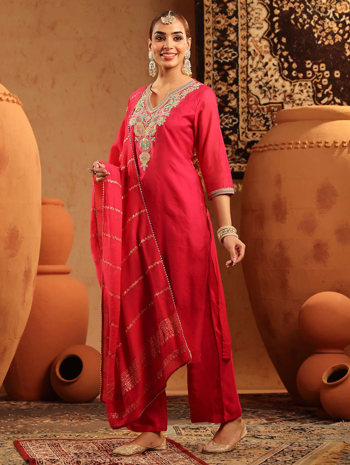 women embroidered three quarter sleeve kurta pant with dupatta set - 22142277 -  Standard Image - 2