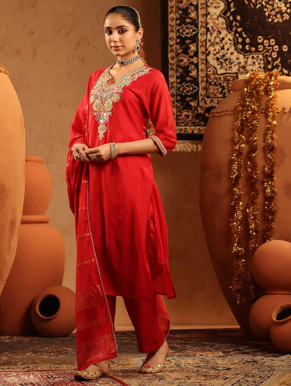women embroidered three quarter sleeve kurta pant with dupatta set - 22142279 -  Standard Image - 2