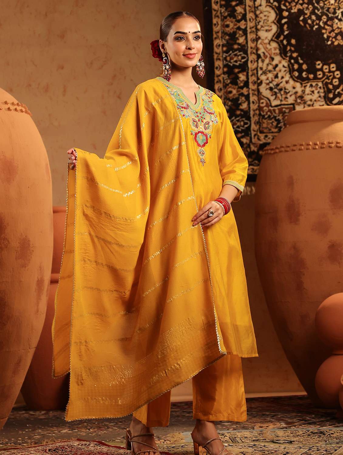 women embroidered three quarter sleeve kurta pant with dupatta set - 22142280 -  Standard Image - 2