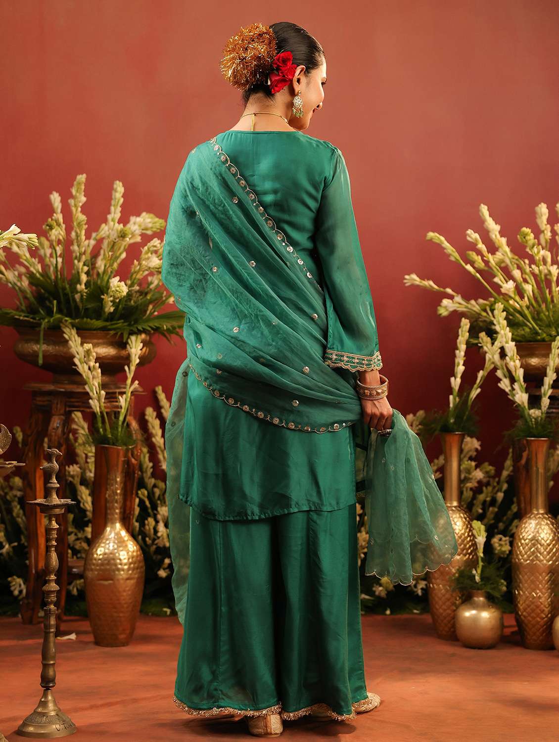 women solid with work long sleeve kurta palazzo with dupatta set - 22142281 -  Standard Image - 2