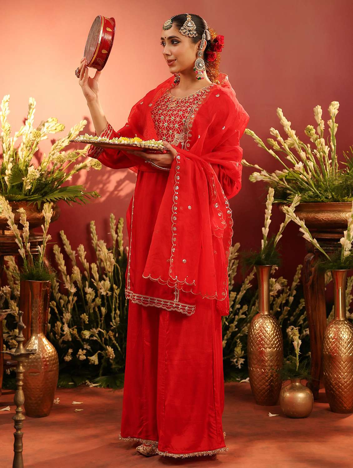 women solid with work long sleeve kurta palazzo with dupatta set