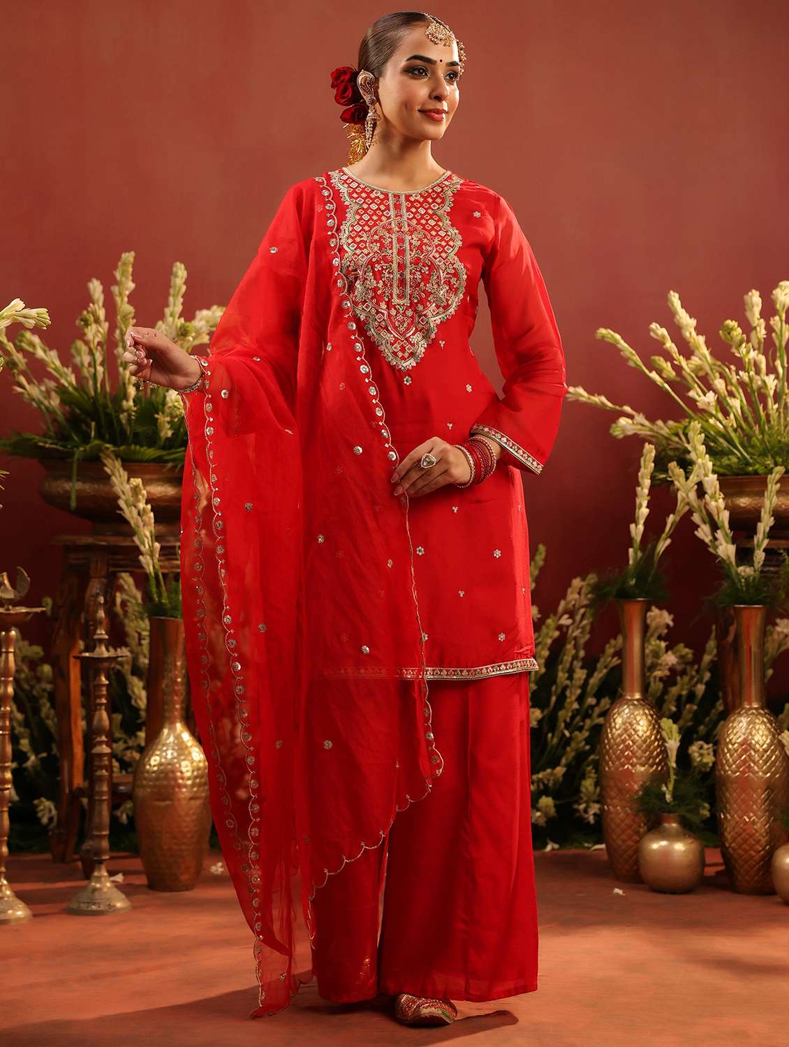 women solid with work long sleeve kurta palazzo with dupatta set