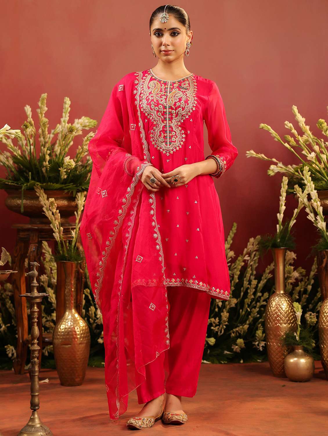 women solid with work three quarter sleeve kurta salwar with dupatta set