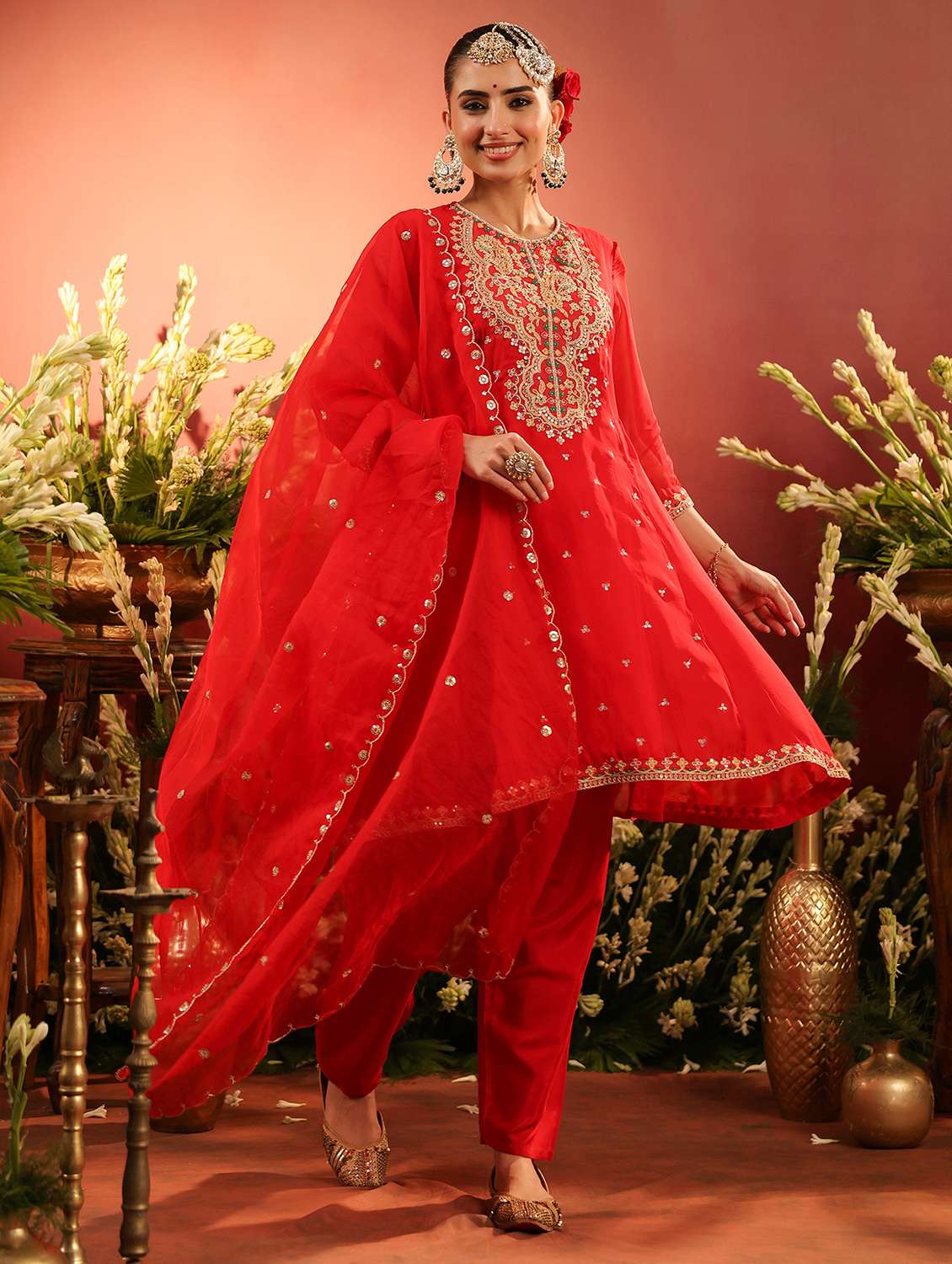 women solid with work three quarter sleeve kurta salwar with dupatta set - 22142286 -  Standard Image - 2