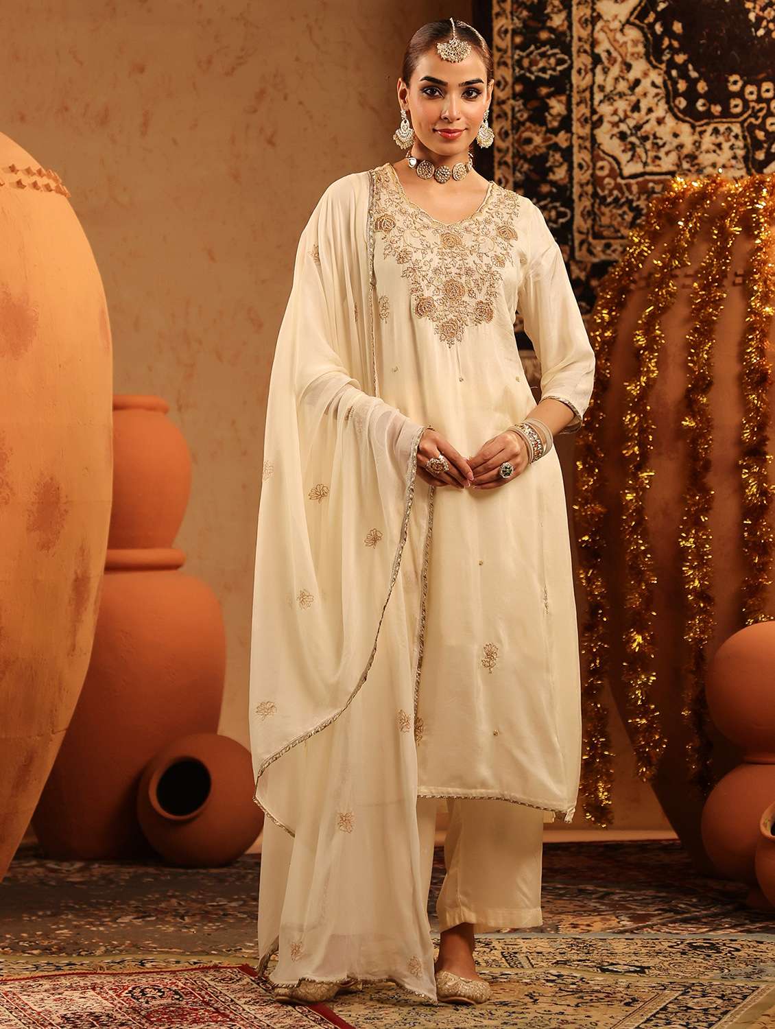 women embroidered three quarter sleeve kurta pant with dupatta set - 22142288 -  Standard Image - 2