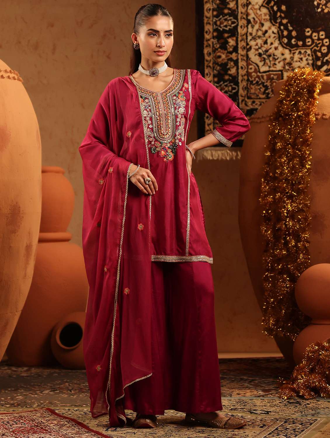 women embroidered three quarter sleeve kurta palazzo with dupatta set
