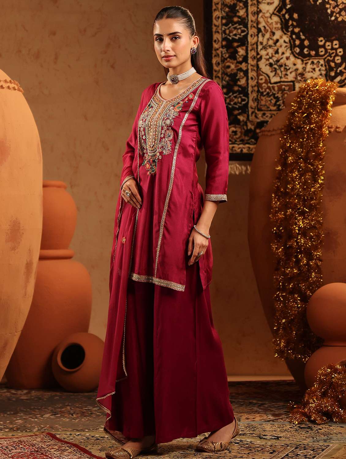 women embroidered three quarter sleeve kurta palazzo with dupatta set - 22142290 -  Standard Image - 2