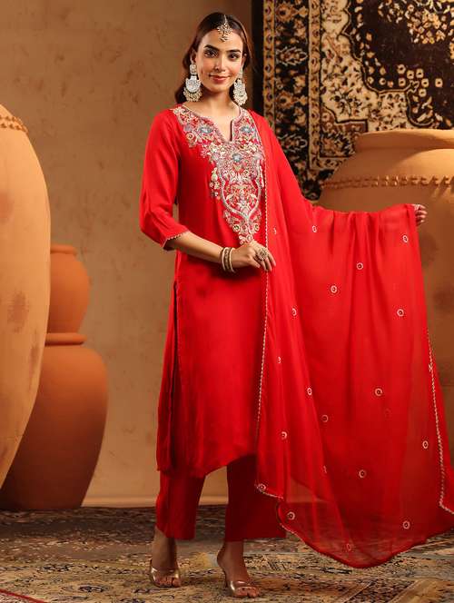 women embroidered three quarter sleeve kurta pant with dupatta set - 22142291 -  Standard Image - 0