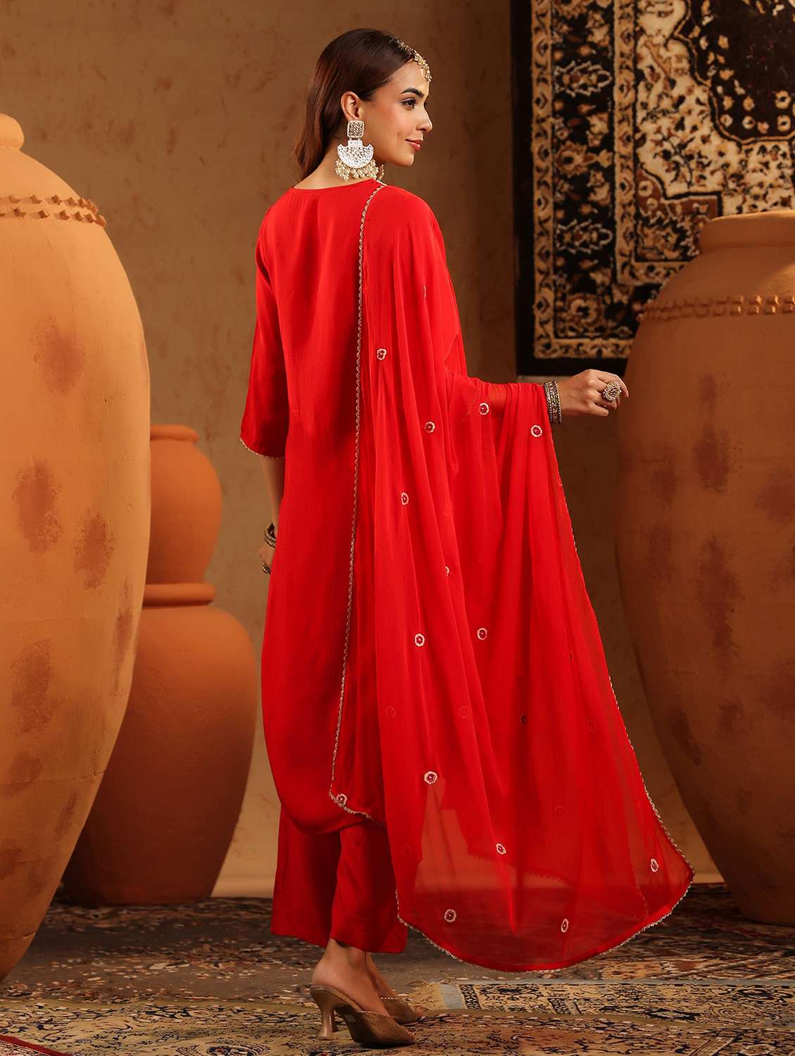 women embroidered three quarter sleeve kurta pant with dupatta set - 22142291 -  Standard Image - 2