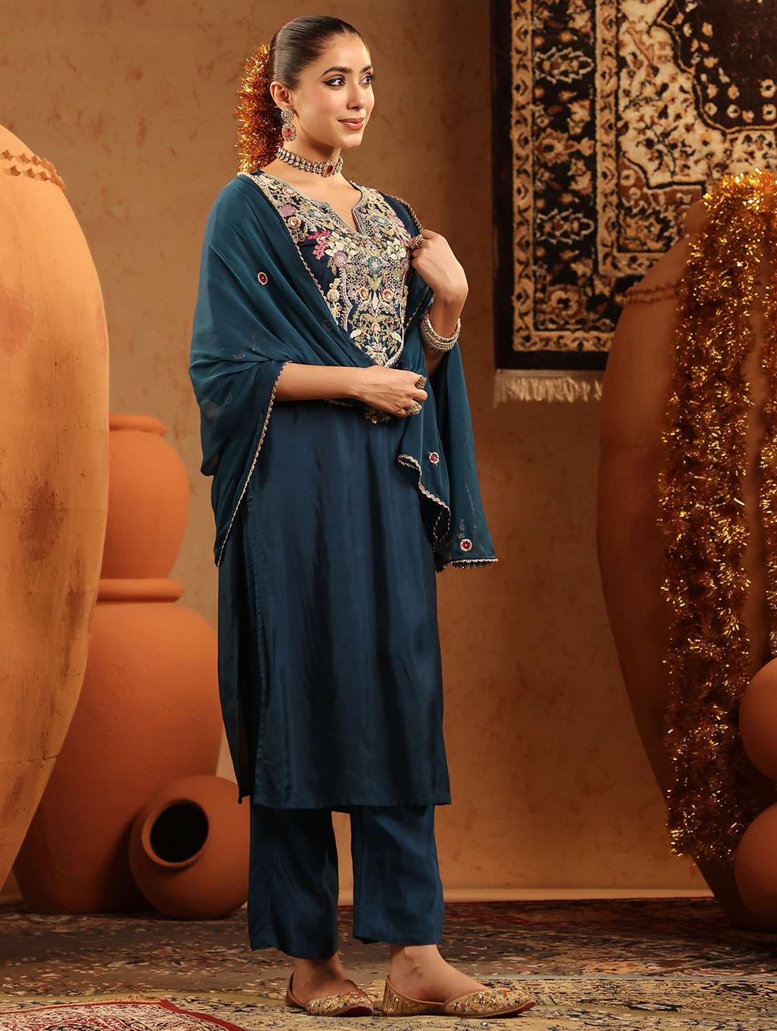 women embroidered three quarter sleeve kurta pant with dupatta set - 22142292 -  Standard Image - 2